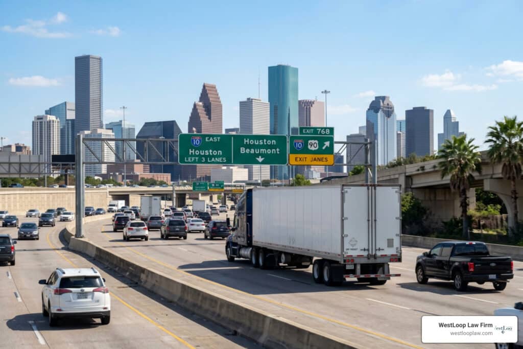 commercial semi-truck driving on Interstate 10 in Houston