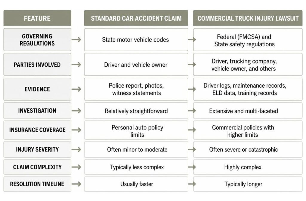 Ultimate Guide to a Commercial Truck Injury Lawsuit in Houston 5 passenger car accident vs commercial truck claim comparison