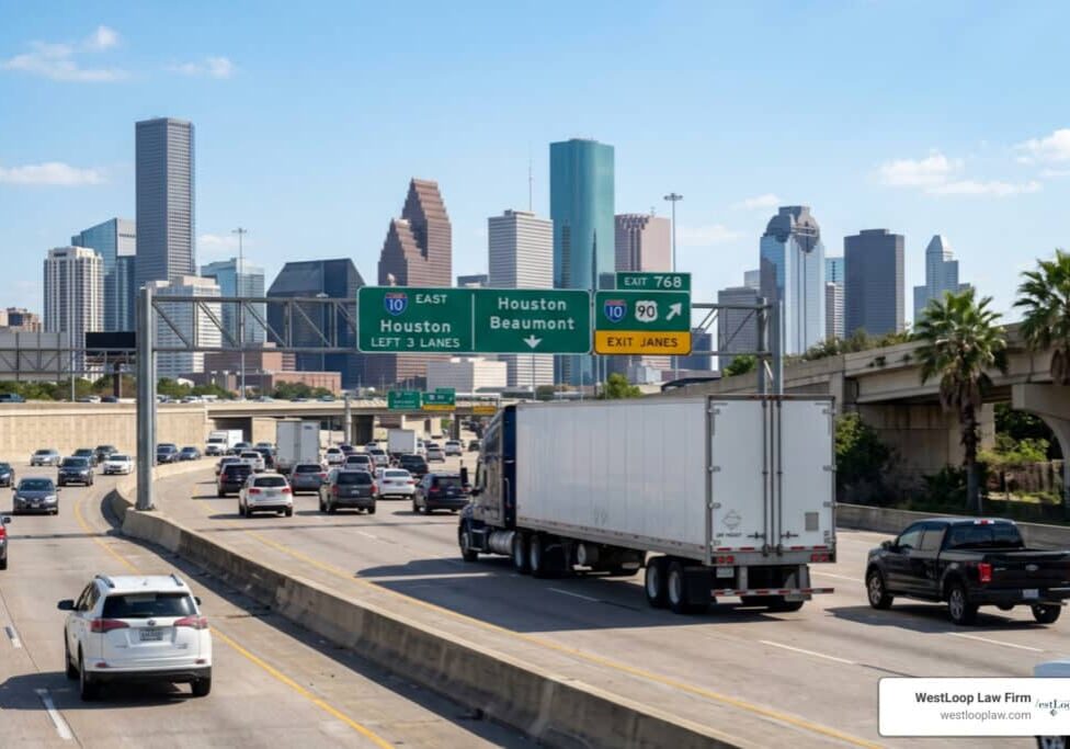 commercial semi-truck driving on Interstate 10 in Houston